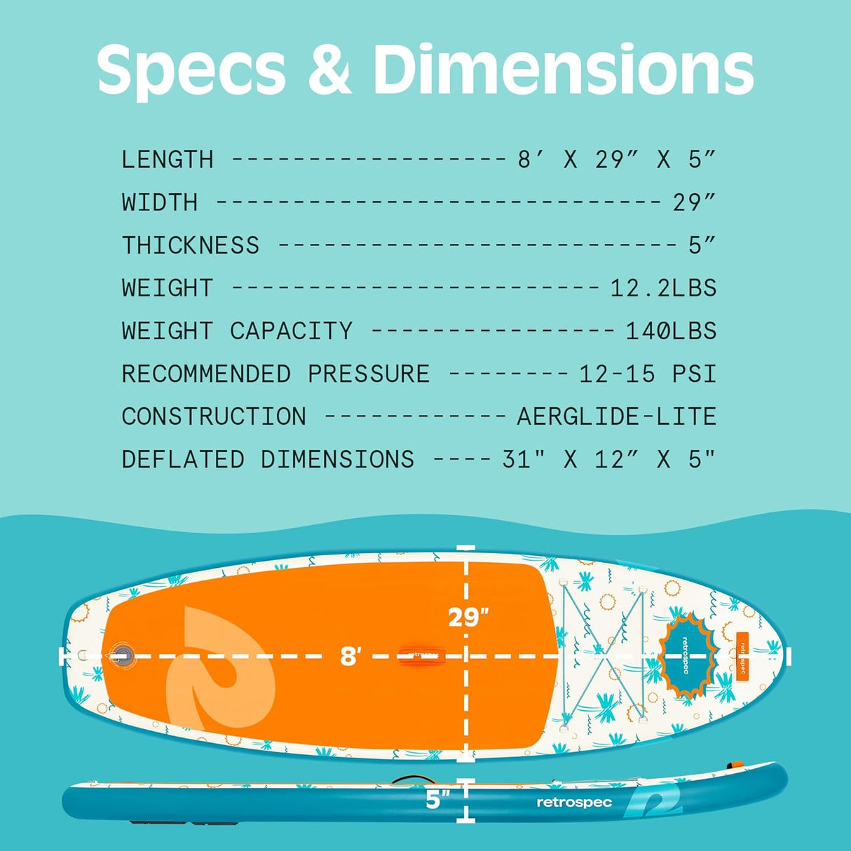 Weekender Nano Kids' Inflatable Paddle Board specs showing dimensions, weight, capacity, and construction details.