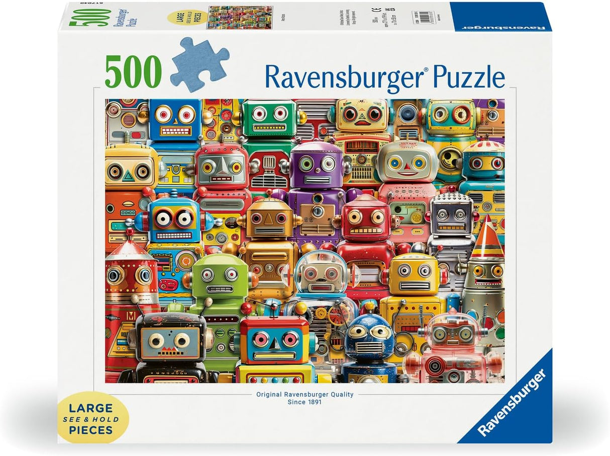 500pc Retro Robots Large Format Puzzle featuring colorful vintage toy robots in a vibrant collage by Michael David Ward.