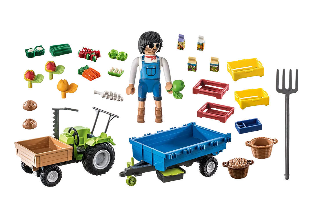 Country | Harvester Tractor w/Trailer toy set with farmer figure, vegetables, crates, trailer, and farming tools for creative play.