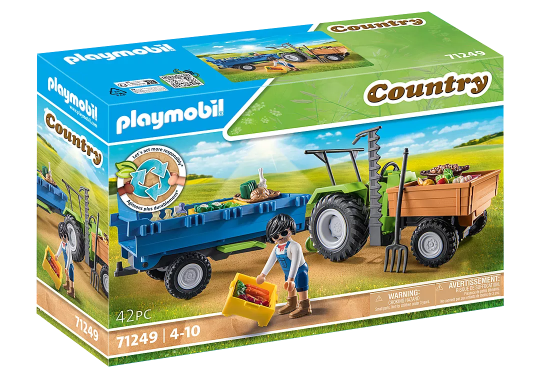 Country | Harvester Tractor w/Trailer toy set with tiltable loading area, large tires, and farmer figure for creative play.
