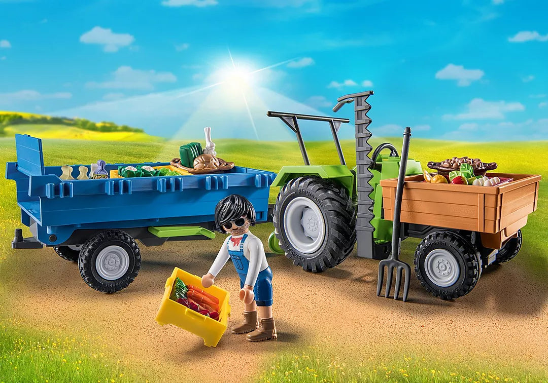 Country | Harvester Tractor w/Trailer with farmer figure, tiltable trailers loaded with fresh vegetables in a sunny field.