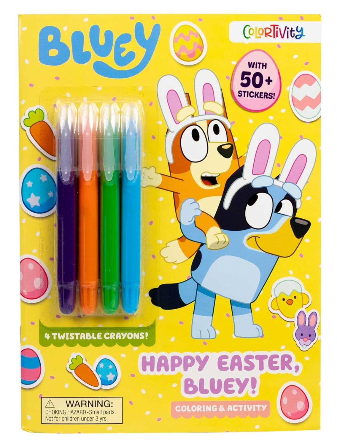Colortivity: Happy Easter Bluey! coloring pad with twistable crayons, stickers, and Easter-themed Bluey and Bingo illustration.
