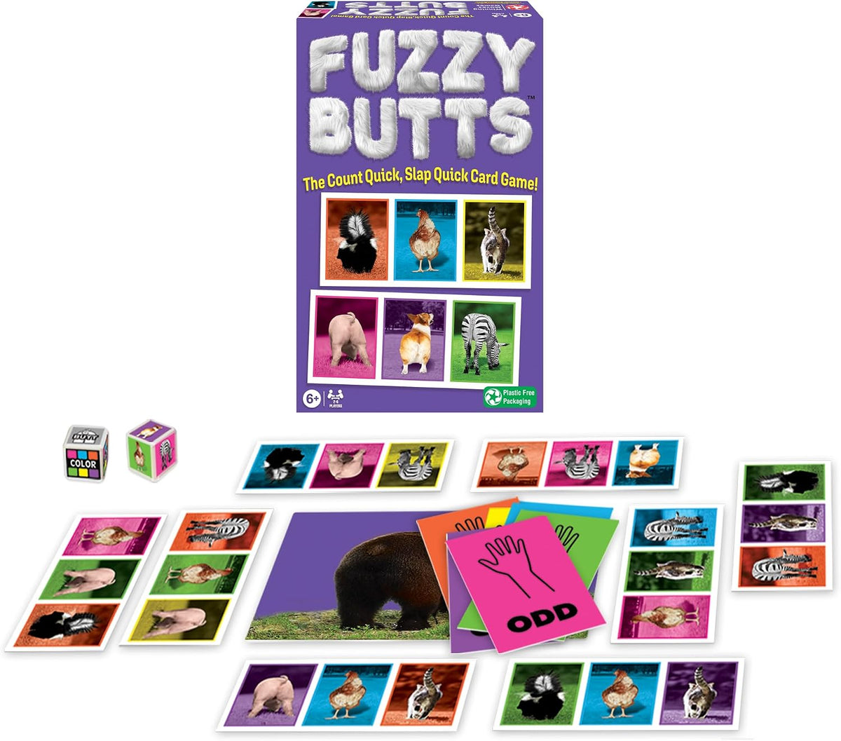 Fuzzy Butts card game box with colorful animal cards and game pieces