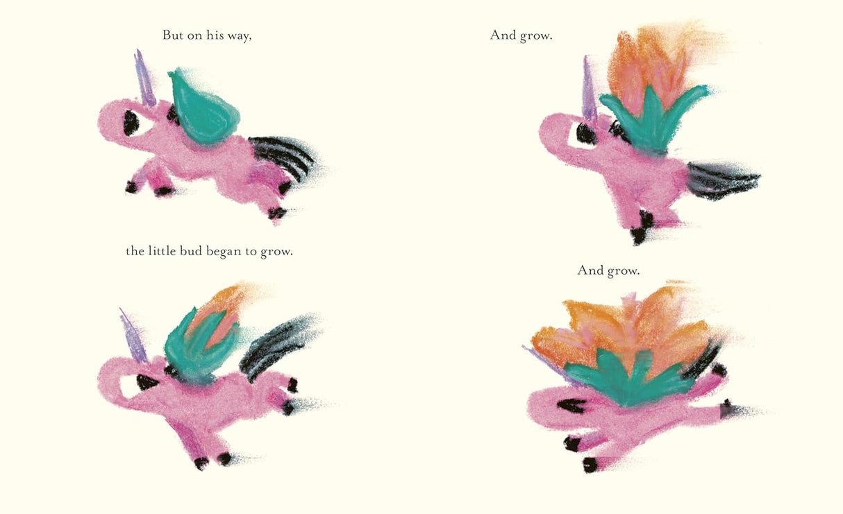 Page spread from Teeny-Weeny Unicorn's Great Big Wish showing a small pink unicorn growing wings and a flower bud.