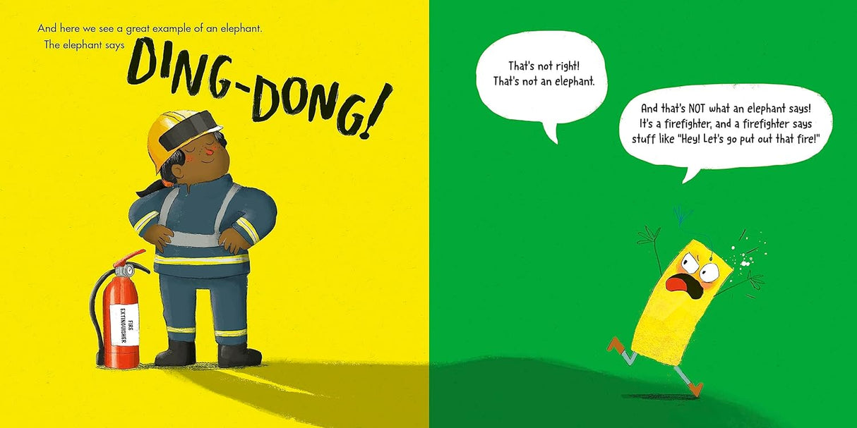 Illustration from The Wrong Book showing a firefighter elephant saying Ding-Dong and a character correcting the narrator.