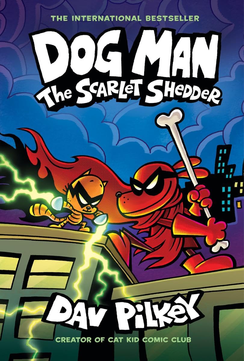 Dog Man #12: The Scarlet Shedder cover showing Dog Man and a hero in red battling with lightning over city rooftops.