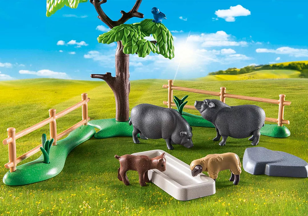Country | Animal Enclosure with detailed farm animals including cow, goat, sheep, and pot-bellied pig in a pasture setting.