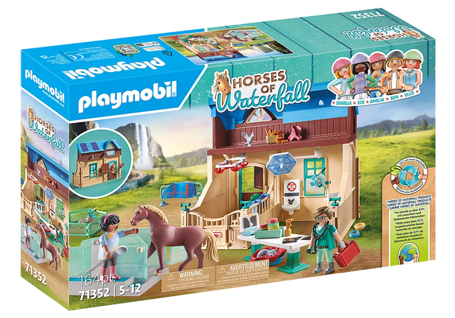 Horses of Waterfall | Riding Therapy & Vet Practice set with clinic, therapeutic horse, vet Phil, and animal care equipment.