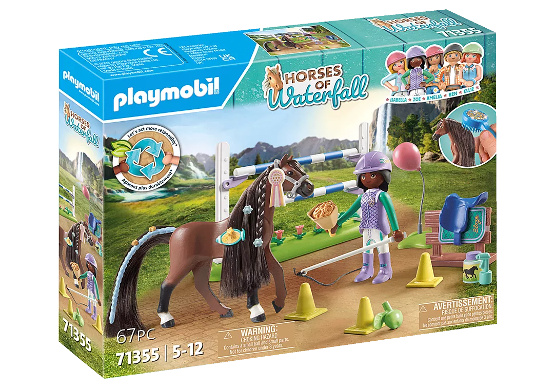 Horses of Waterfall | Jumping Arena & Zoe & Blaze Playmobil set with horse, rider, and jumping obstacles outdoors.