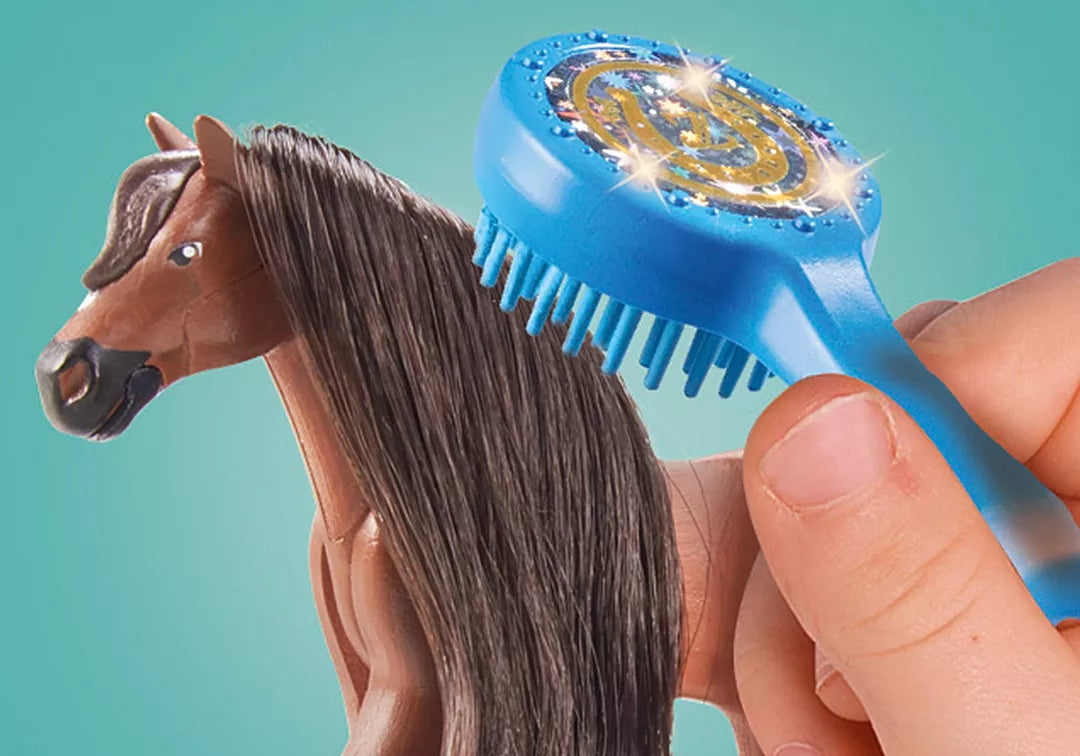 Horses of Waterfall | Jumping Arena & Zoe & Blaze combing Blaze’s mane with blue brush for show jumping training.