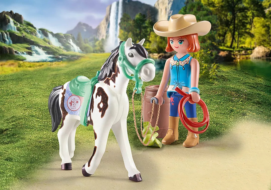 Horses of Waterfall | Feeding Time with Ellie & Sawdust toy set with horse, rider, lasso, and waterfall background.
