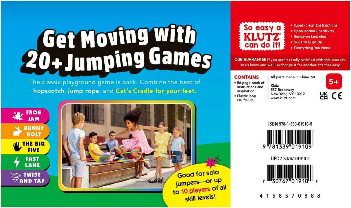 Jumpsies jump rope game packaging showing kids playing with a stretchy rope and instruction book for all skill levels.