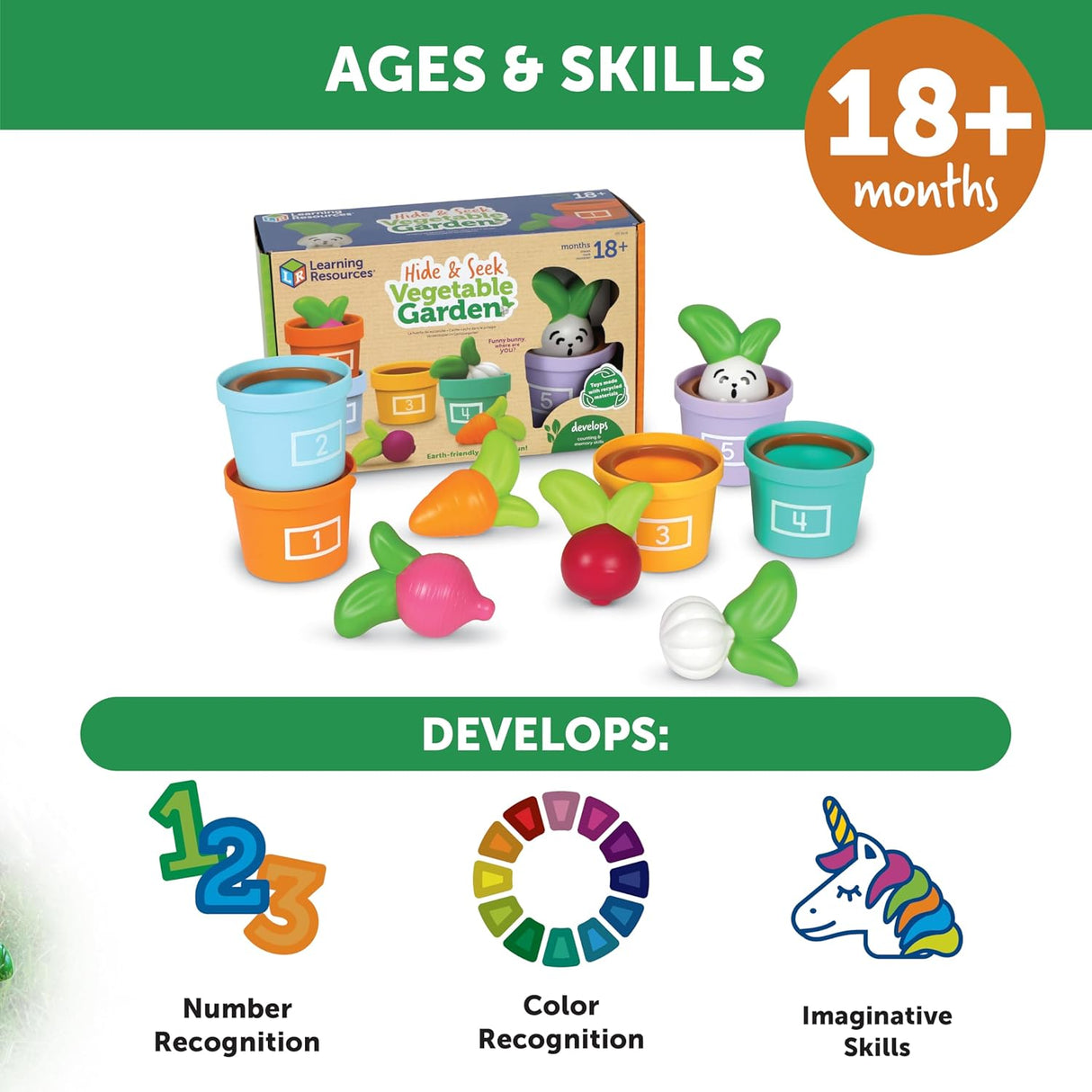 Colorful stacking pots and vegetable toys for toddlers to develop counting and color recognition skills in a garden-themed game.