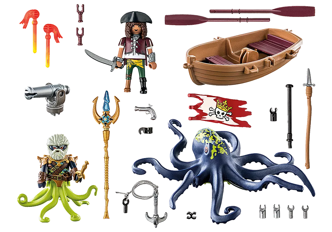 Pirates | Battle with Giant Octopus set featuring pirate, Kraken leader, rowboat, cannon, trident, and giant octopus toy accessories.