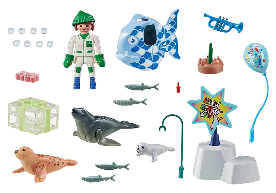 My Life | Keeper with Animals playset featuring seals, a fish-costumed keeper, birthday cake, and underwater party accessories.