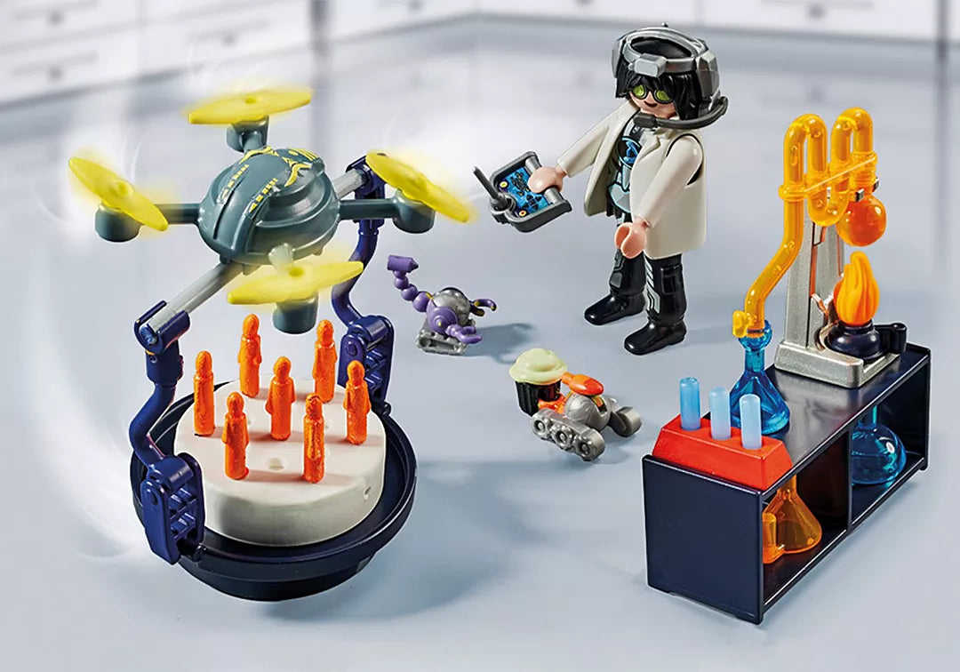 My Life | Researchers with Robots set featuring a drone delivering cake, mini robots, and a researcher with lab equipment.