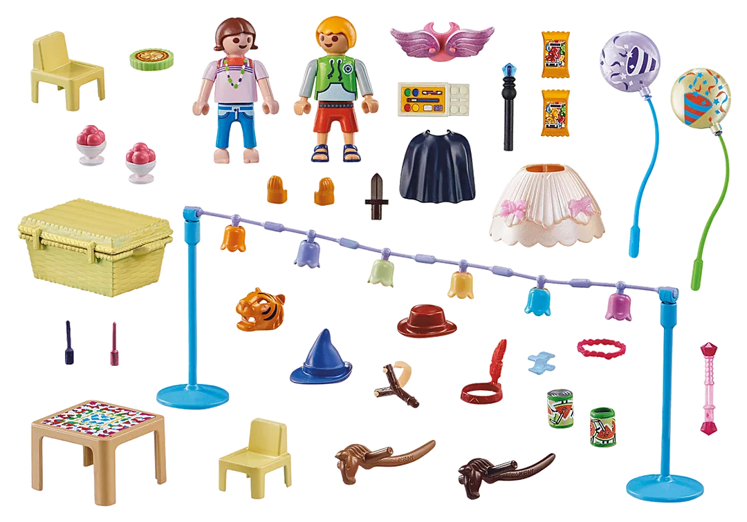 My Life | Costume Party with two children figures and various colorful costume accessories and playful items.