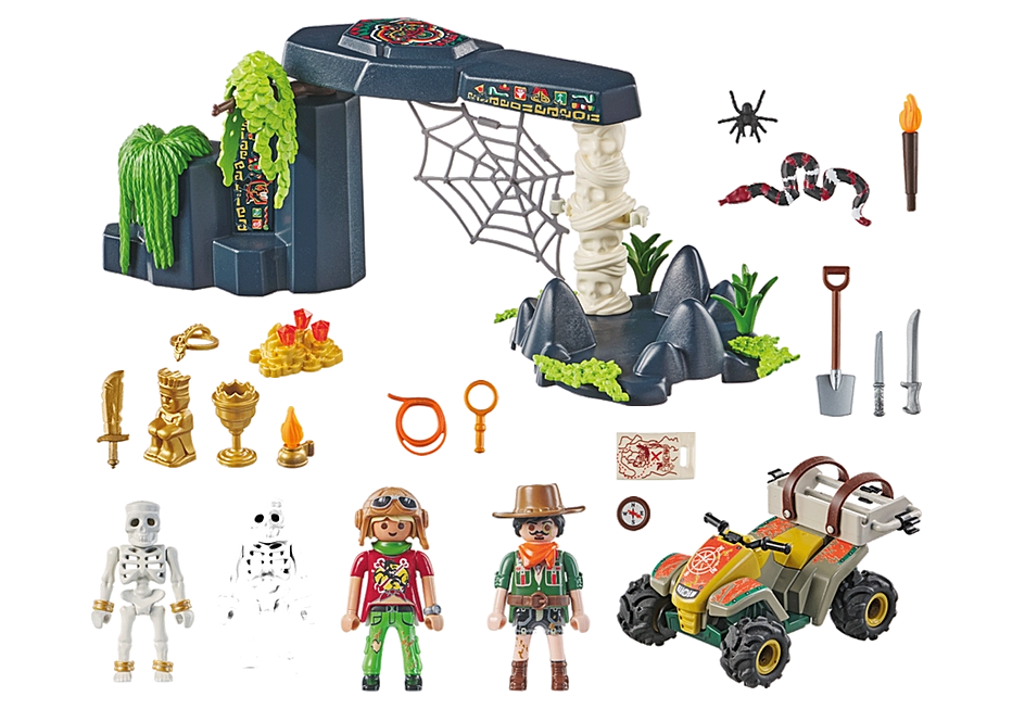 Pirates | Jungle Treasure Hunters set with skeleton guard, adventurers, quadbike, treasure, spider, snake, and jungle ruins.