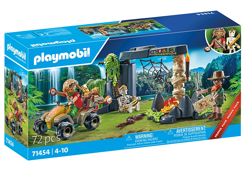 Pirates | Jungle Treasure Hunters set with two adventurers, skeleton guard, quadbike, treasure map, and jungle ruins playset.