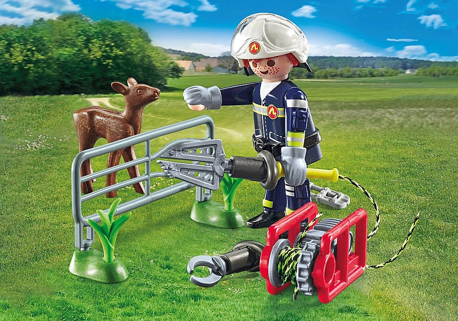 Action Heroes | Firefighter Animal Rescue showing firefighter figure freeing trapped fawn with rescue tools outdoors.