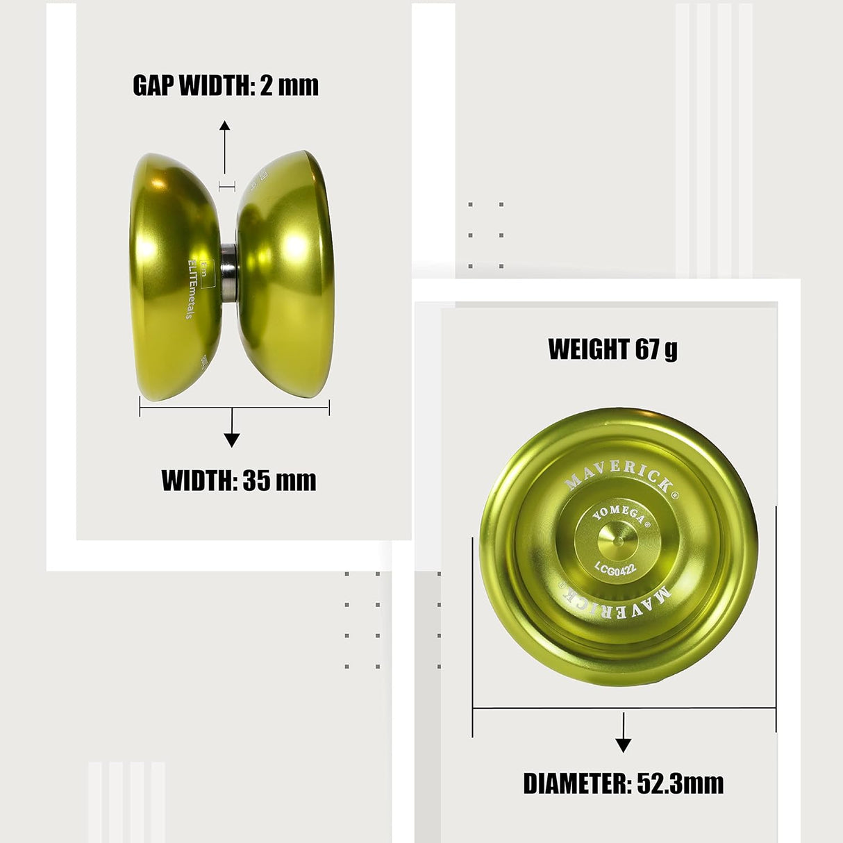 Green anodized aluminum yo-yo with wing-shaped design, showing dimensions and weight for precision play.