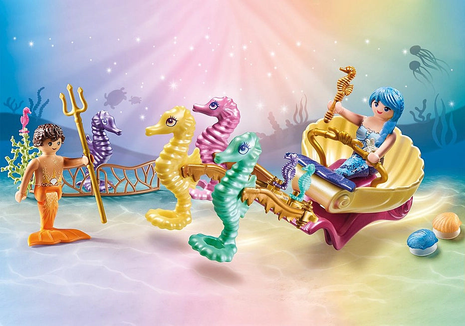 Princess Magic | Mermaid Seahorse Carriage with mermaid riding golden carriage pulled by colorful seahorses underwater playset.