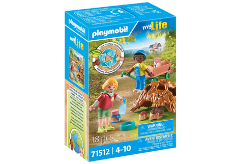 My Life | Children with Hedgehog Family playset featuring two children caring for hedgehogs with leaf shelter and accessories.
