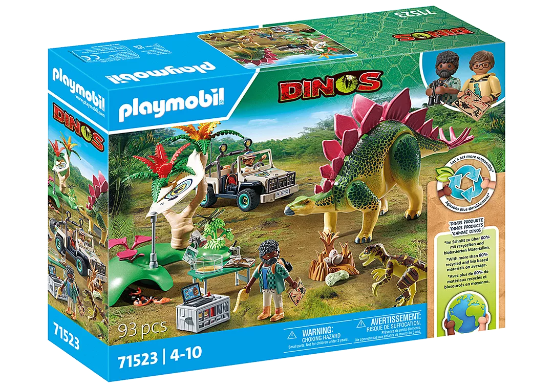 Dinos | Research Camp with Dinos featuring two explorers, Stegosaurus, Deinonychus, off-road vehicle, and dinosaur eggs playset.