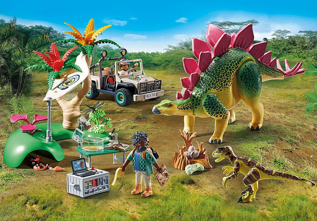 Dinos | Research Camp with Dinos featuring explorers, off-road vehicle, Stegosaurus, Deinonychus, and dinosaur eggs in a prehistoric setting.