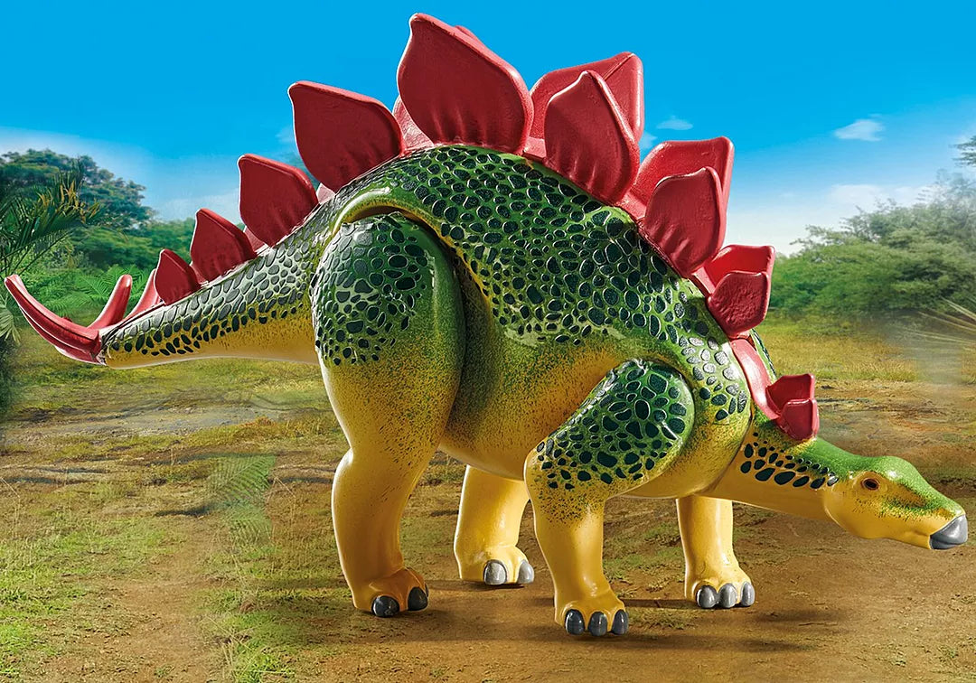 Dinos | Research Camp with Dinos features a detailed Stegosaurus figure in a natural prehistoric setting.