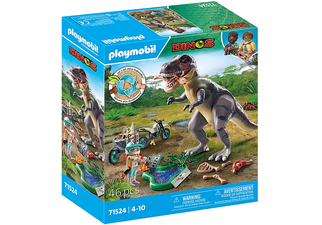 Dinos | T-Rex with Dino Chaser set featuring T-Rex, researcher on motorcycle, footprint, and dinosaur fossils playset.