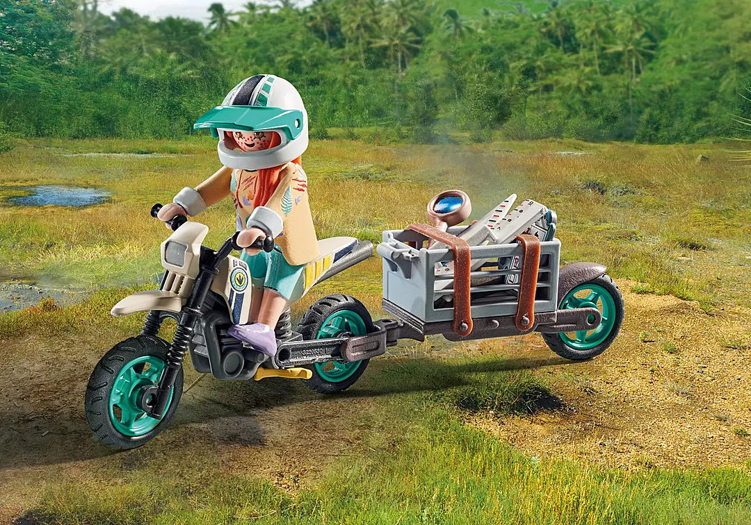 Dinos | T-Rex with Dino Chaser featuring a researcher on motorcycle with trailer in a grassy outdoor setting.