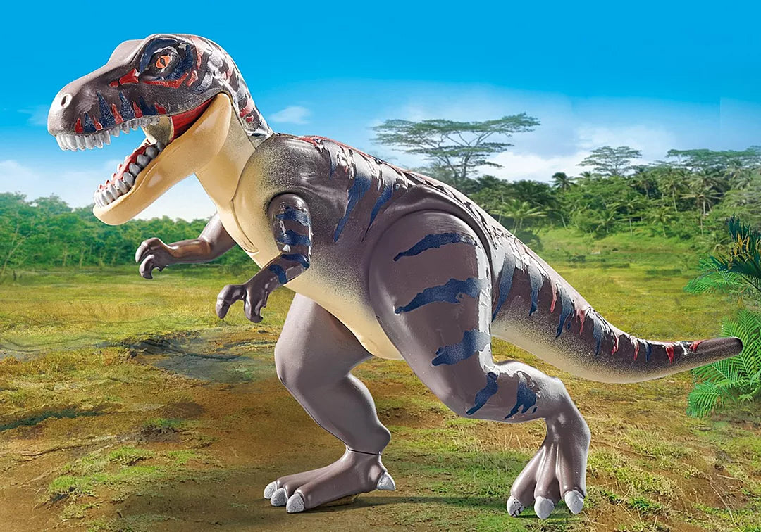 Dinos | T-Rex with Dino Chaser toy figure showing a detailed T-Rex dinosaur in a natural outdoor setting.