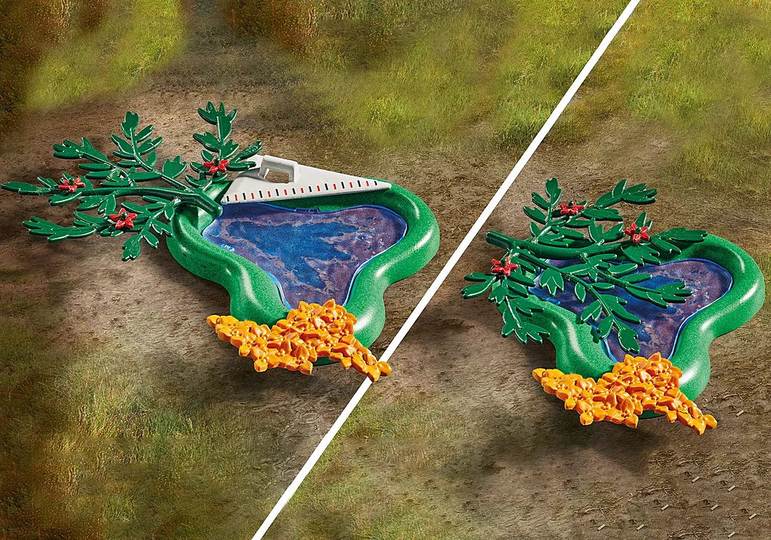 Dinos | T-Rex with Dino Chaser showing a green muddy track with dinosaur footprints and orange bone fragments.