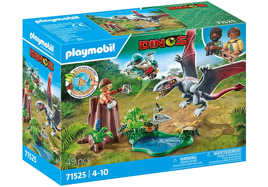 Dinos | Observatory for Dimorphodon set with drone, pond, researcher, and flying Dimorphodon dinosaur figure playset.
