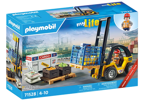 Action Heroes | Forklift Truck with Cargo toy set with lifting function, container, pallet, and dockworker figure for kids aged 4 and up.