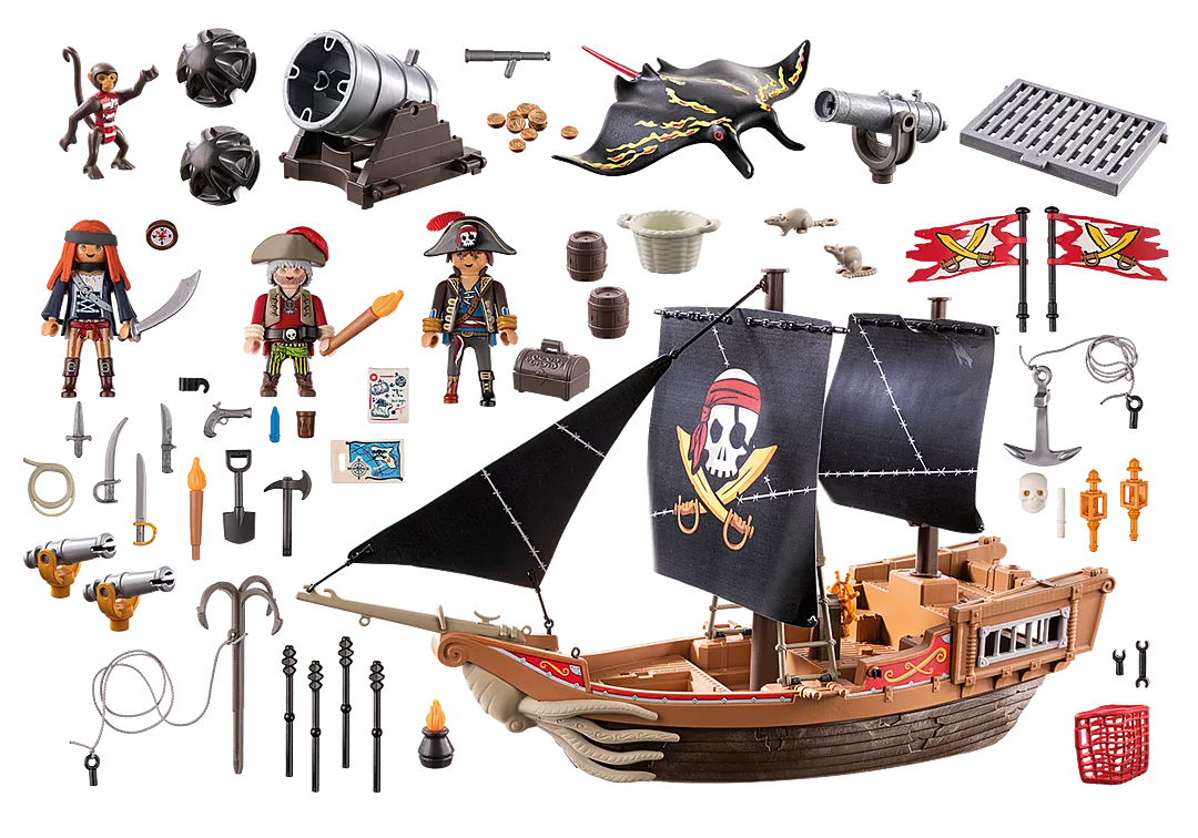 Pirates | Large Pirate Ship PLAYMOBIL set with black sails, pirate figures, cannons, and pirate-themed accessories for imaginative play.