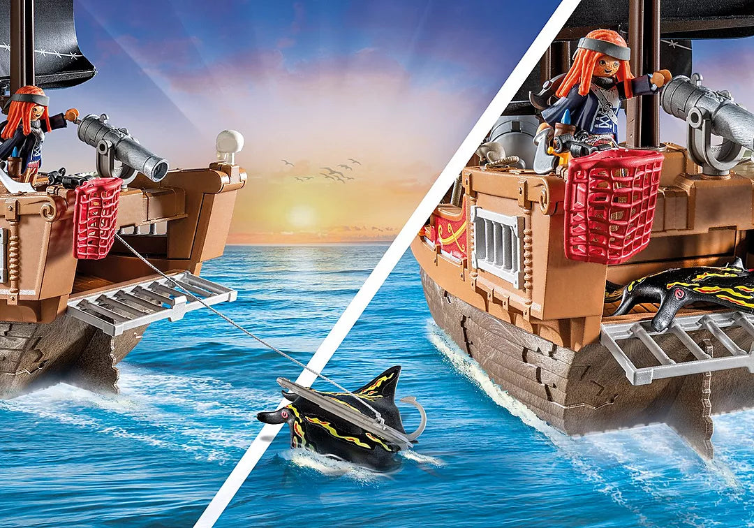 PLAYMOBIL Pirates | Large Pirate Ship with pirate crew, swivelling cannons, anchor cannon, and movable sails on the ocean.