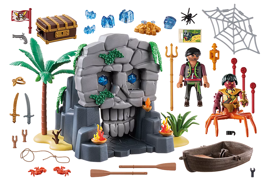 Pirates | Skull Island playset with skull-shaped island, pirate figures, treasure chest, boat, and hidden traps for kids 4 and up.