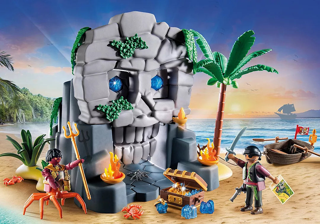 Pirates | Skull Island playset with skull-shaped island, pirate figures, treasure chest, crab, and tropical scenery at sunset.