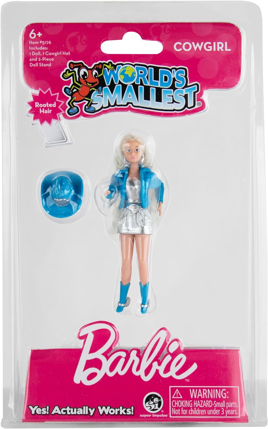 World's Smallest Barbie Cowgirl doll with rooted hair, blue outfit, hat, and articulated joints in packaging.