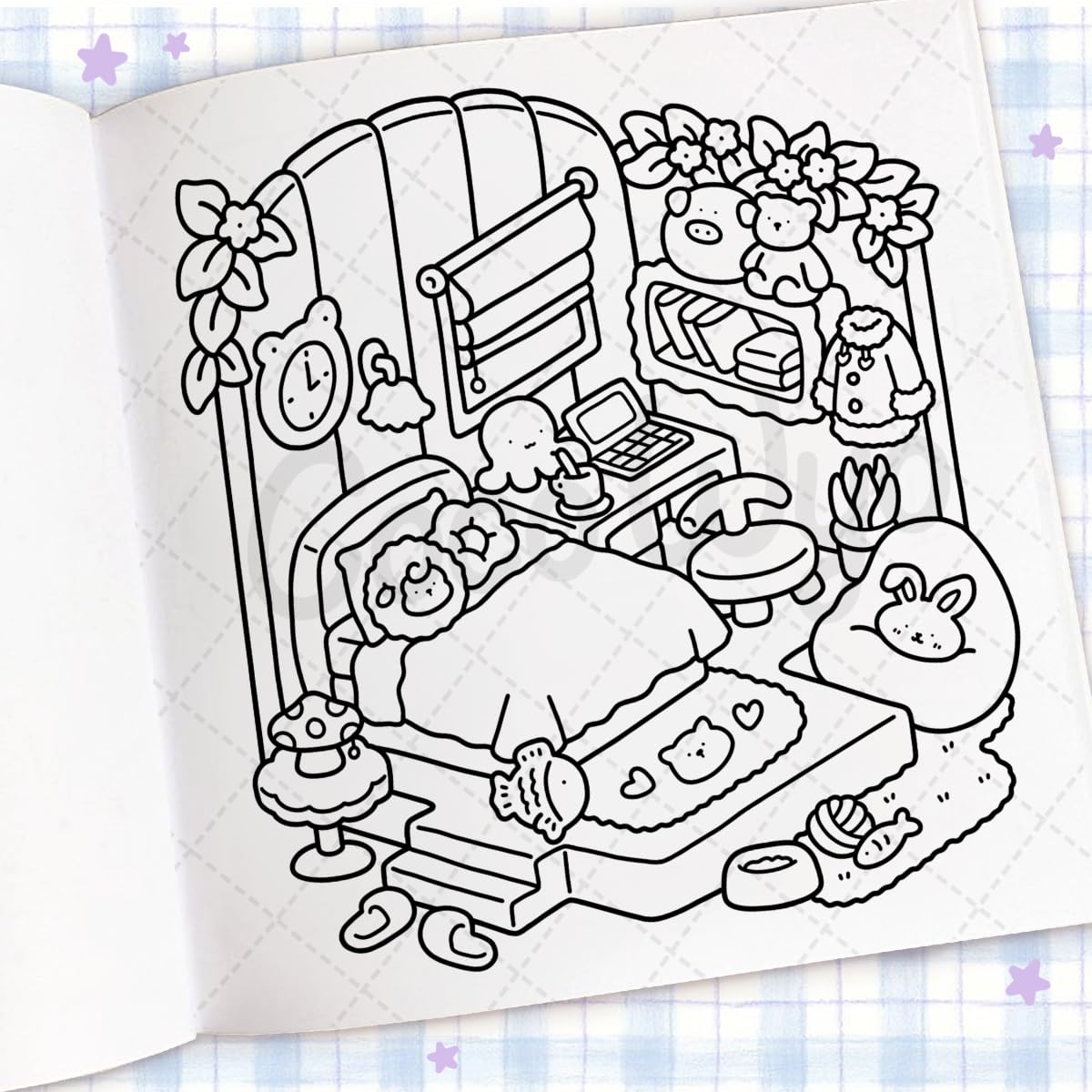 Cozy Corner Coloring Book page showing a cozy bedroom scene with cute animals and simple line art for easy coloring.