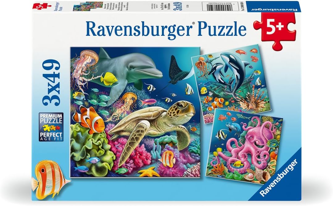 49pc Underwater Puzzles featuring colorful sea creatures like dolphin, turtle, octopus, and clownfish for kids 5+ years.