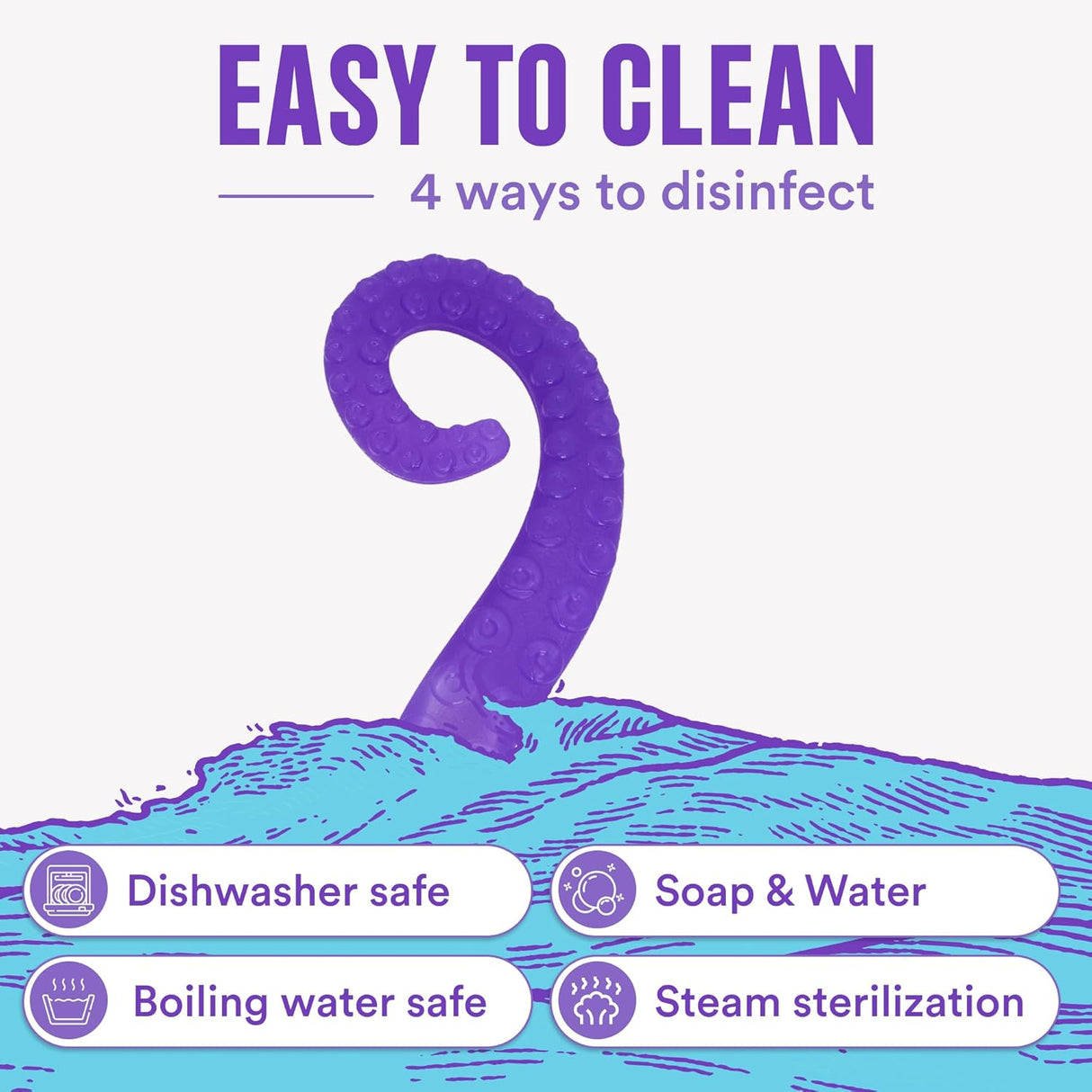 Purple Tentacle Teether shown with cleaning instructions including dishwasher and boiling water safe options.