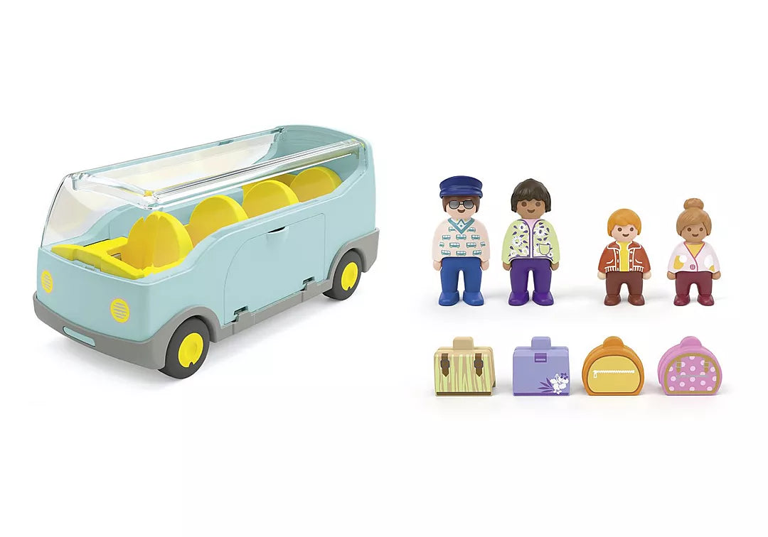 Junior Airport Shuttle Bus with four seats, play figures, colorful suitcases, and dual luggage compartments for shape sorting.