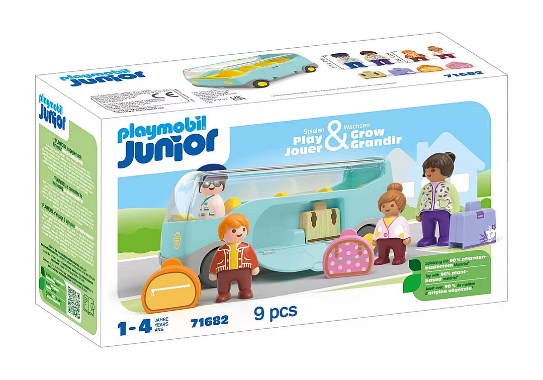 Playmobil Junior Airport Shuttle Bus with coach, four seats, luggage compartments, play figures, and colorful suitcases for ages 1-4.