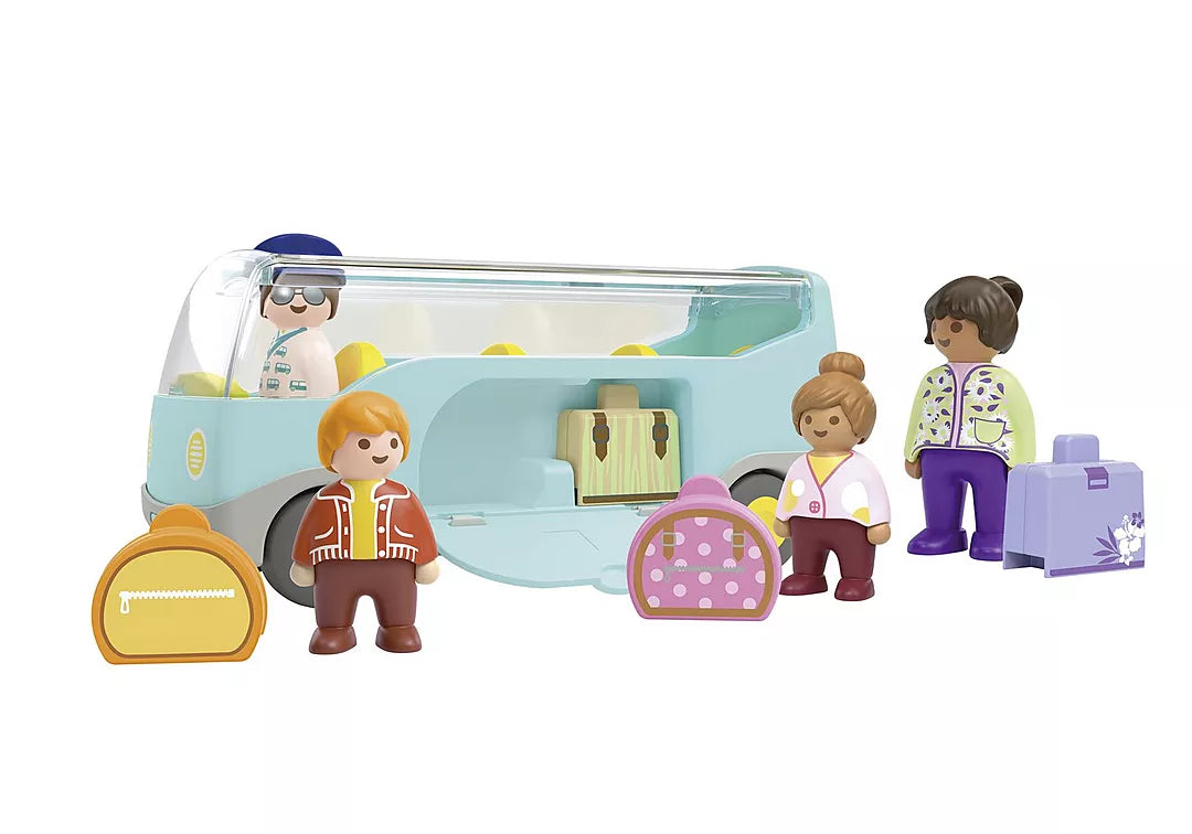 Junior Airport Shuttle Bus toy set with colorful play figures, suitcases, and a light blue coach for imaginative travel fun.