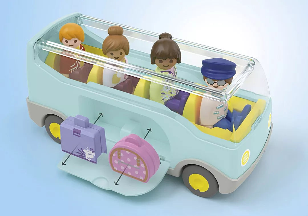 Junior Airport Shuttle Bus toy with colorful luggage, four seated passengers, and driver for imaginative play.