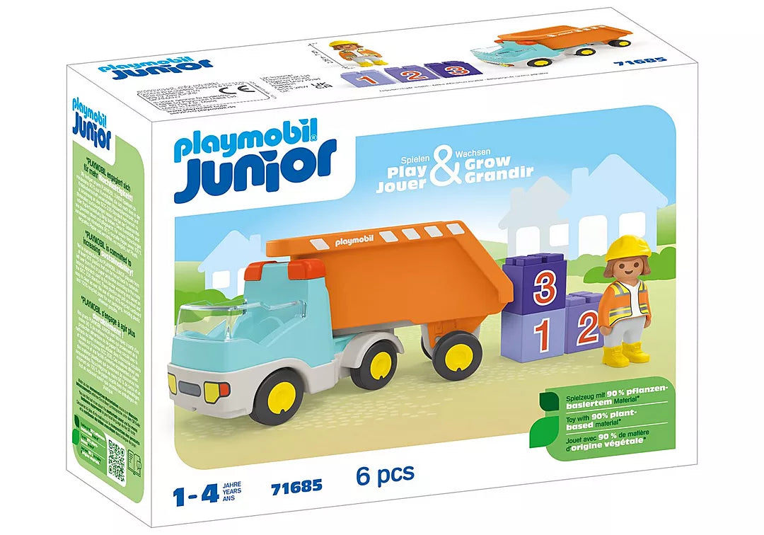 Junior Dump Truck toy with detachable dump bed, construction worker figure, and three numbered stackable stones.