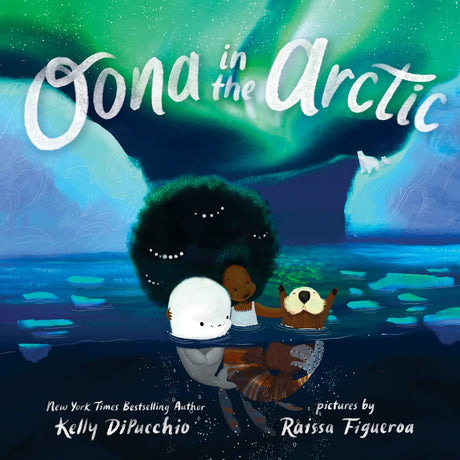 Oona in the Arctic book cover showing Oona and friends under northern lights in icy waters with Arctic animals nearby.